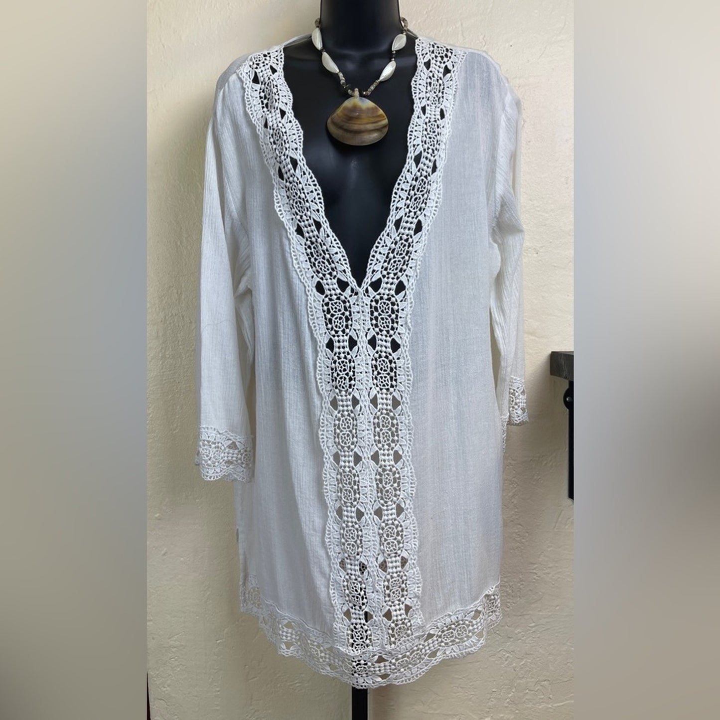 La Blanca Island Flare V-Neck Crinkled Crochet Trim Swim Cover-Up Tunic