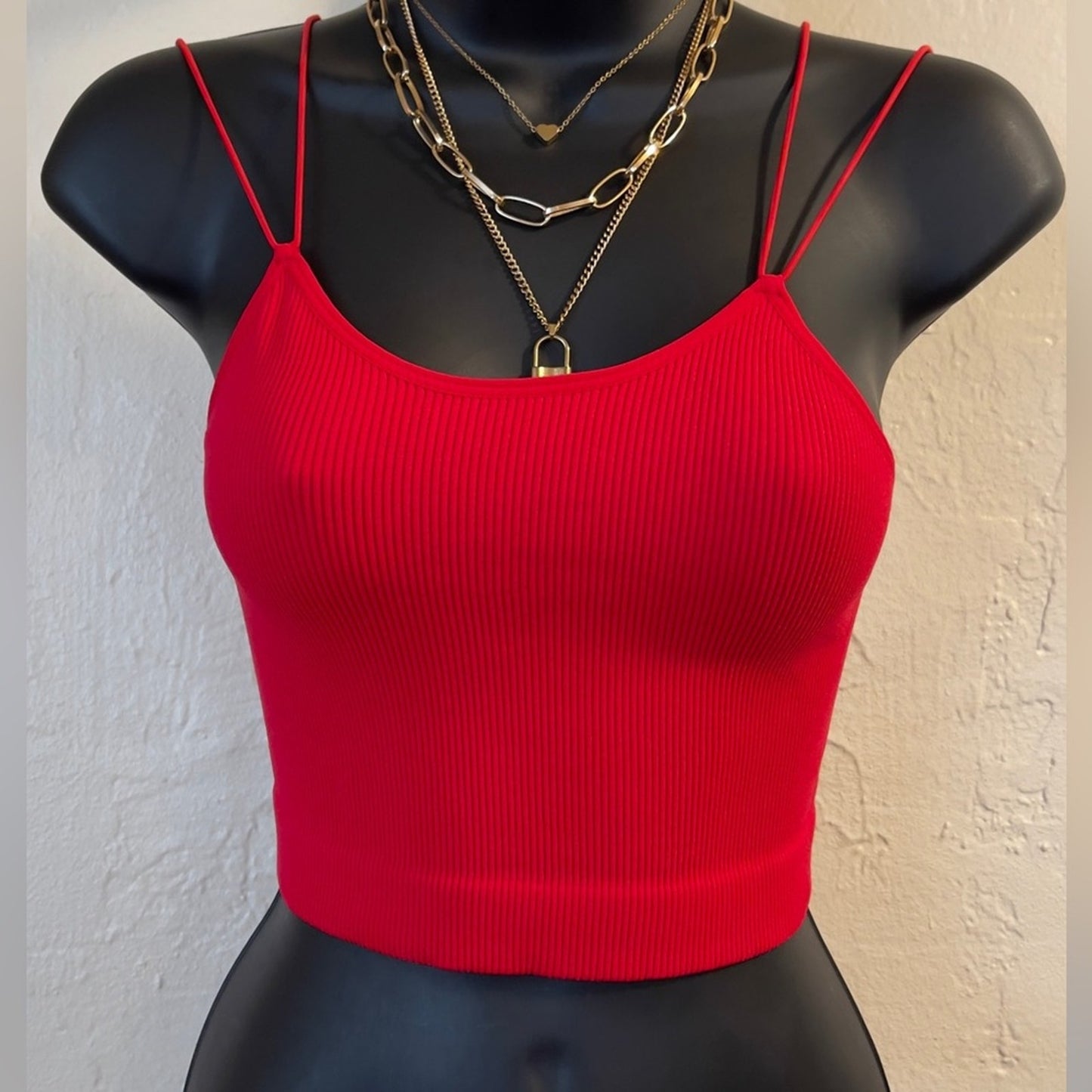 Ruby Red Ribbed Seamless Double Strap Brami