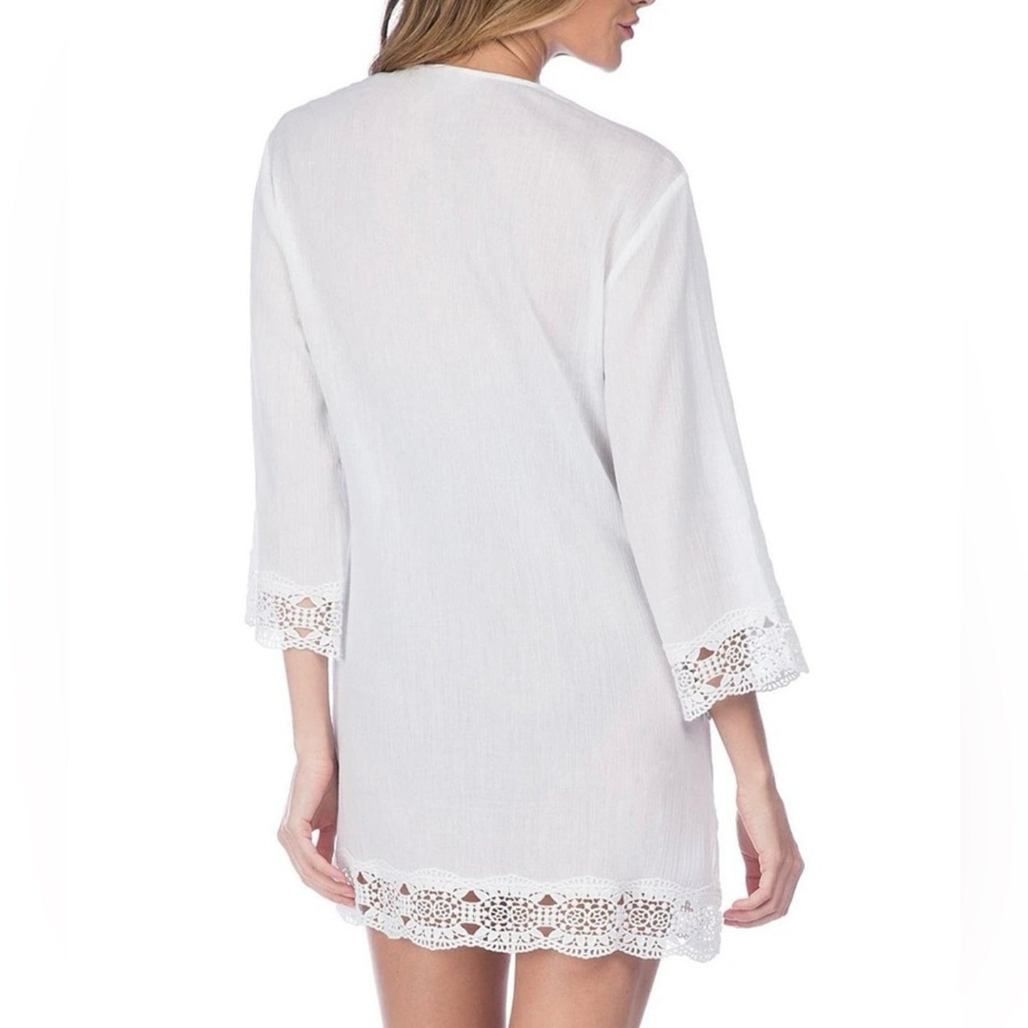La Blanca Island Flare V-Neck Crinkled Crochet Trim Swim Cover-Up Tunic
