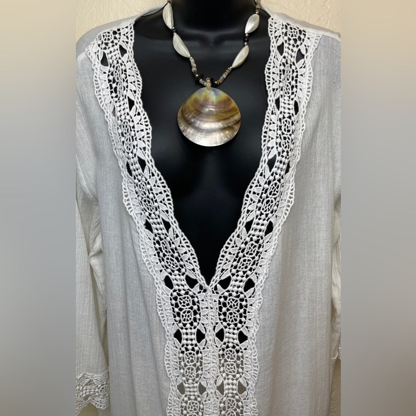 La Blanca Island Flare V-Neck Crinkled Crochet Trim Swim Cover-Up Tunic