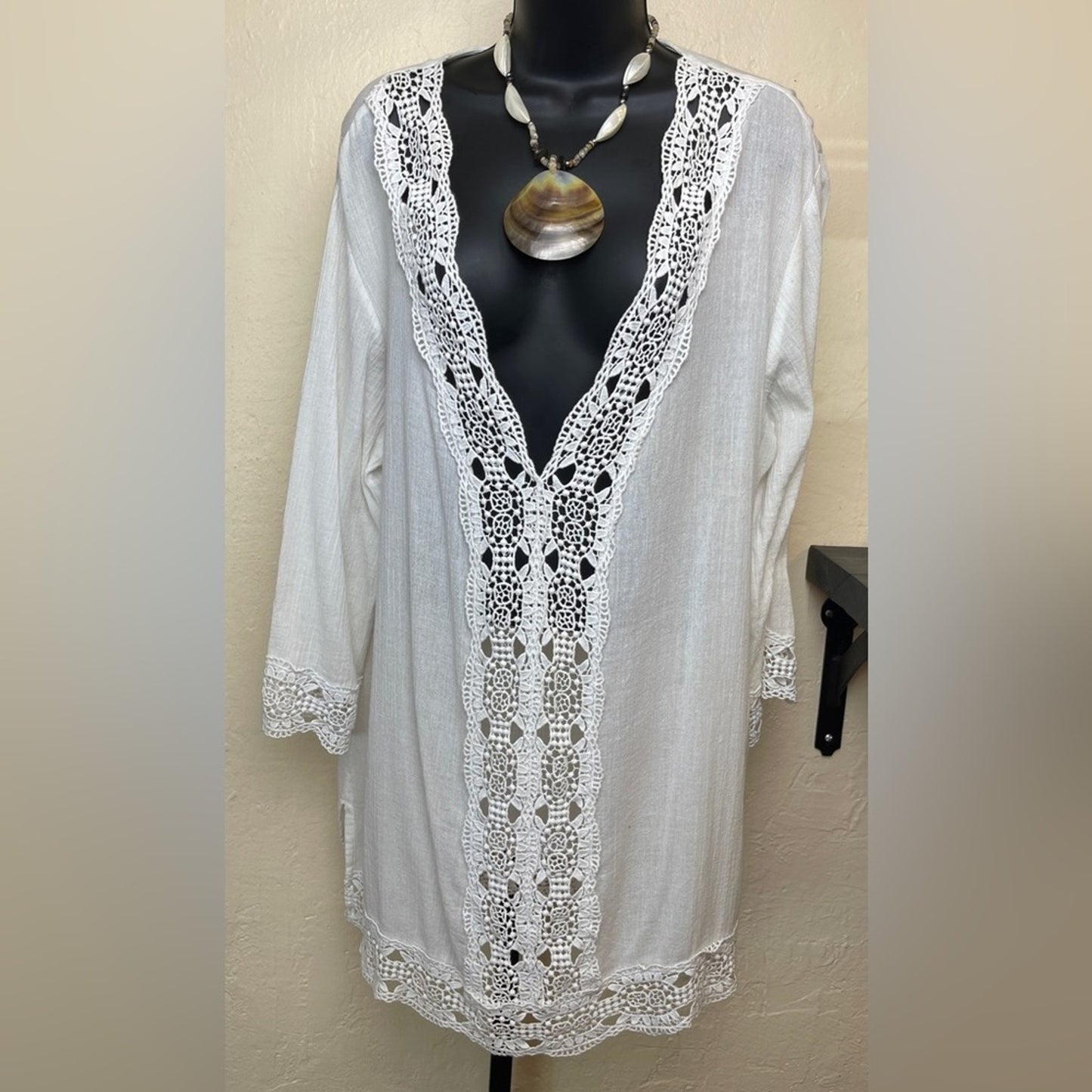 La Blanca Island Flare V-Neck Crinkled Crochet Trim Swim Cover-Up Tunic