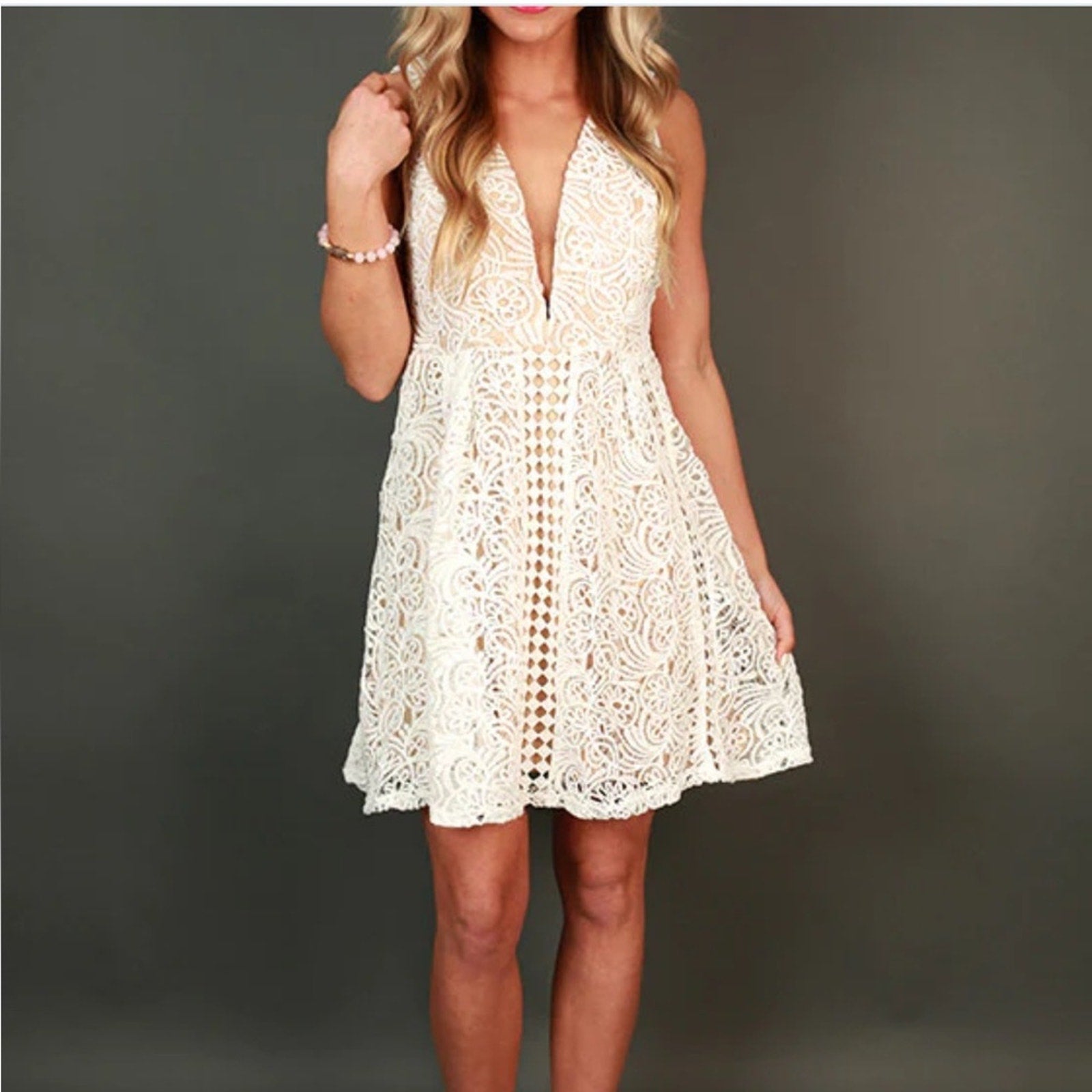 Luxxel Cream/Nude Lace Crochet Low Cut Dress Evies Boutique and Consignment Luxxel Cream/Nude Lace Crochet Low Cut Dress Evies Boutique and Consignment