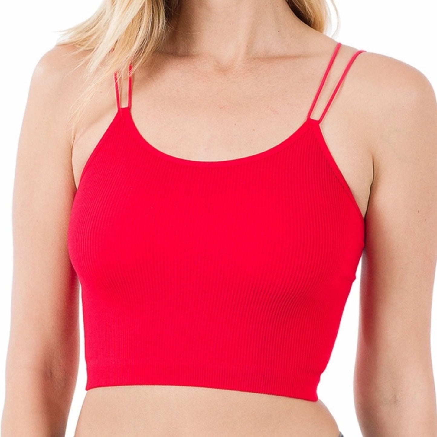 Ruby Red Ribbed Seamless Double Strap Brami