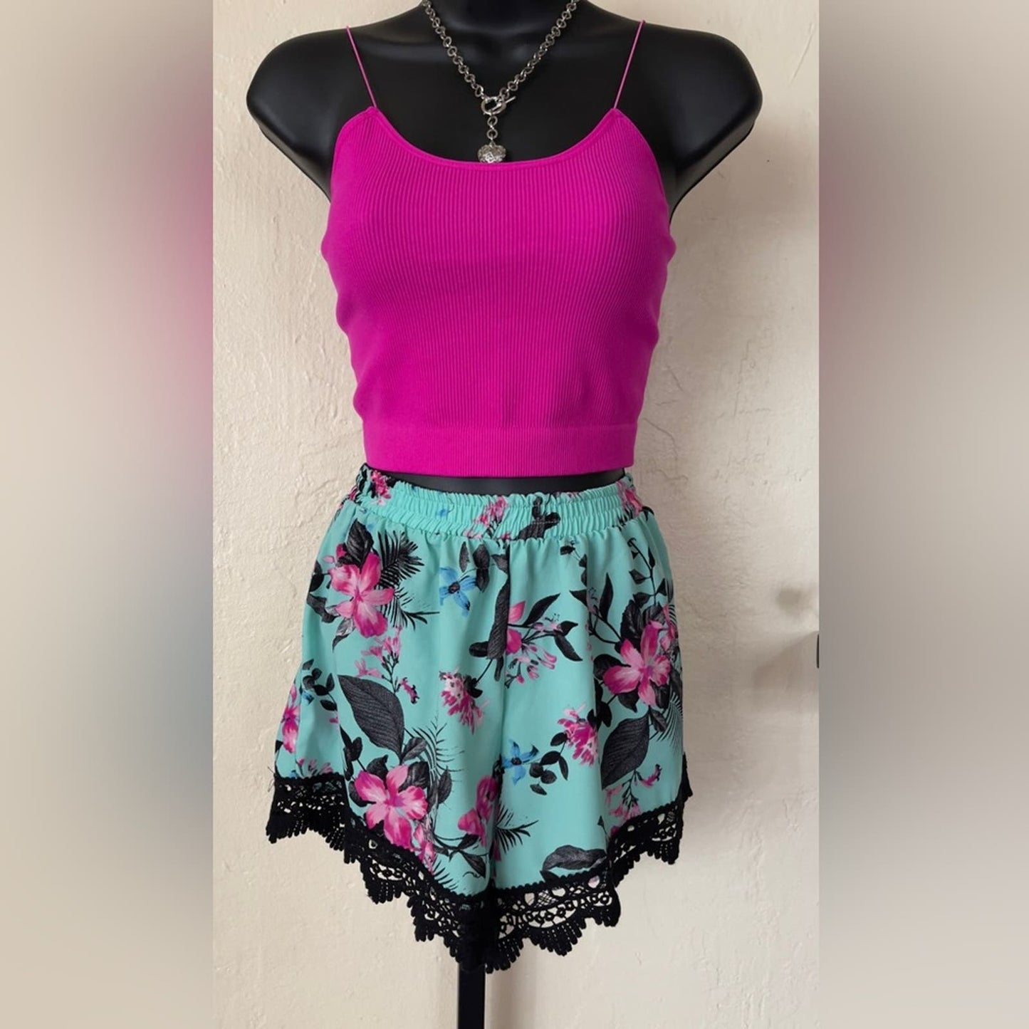 Banana Lemon Black and Hot Pink Floral Shorts