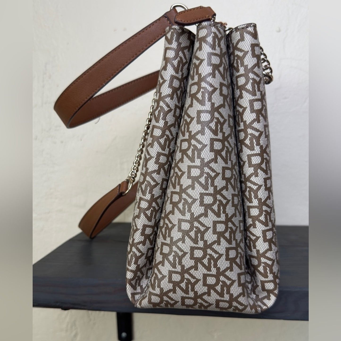 DKNY Bryanna Shoulder Bag - Tan/Cream Monogram Shopper Tote