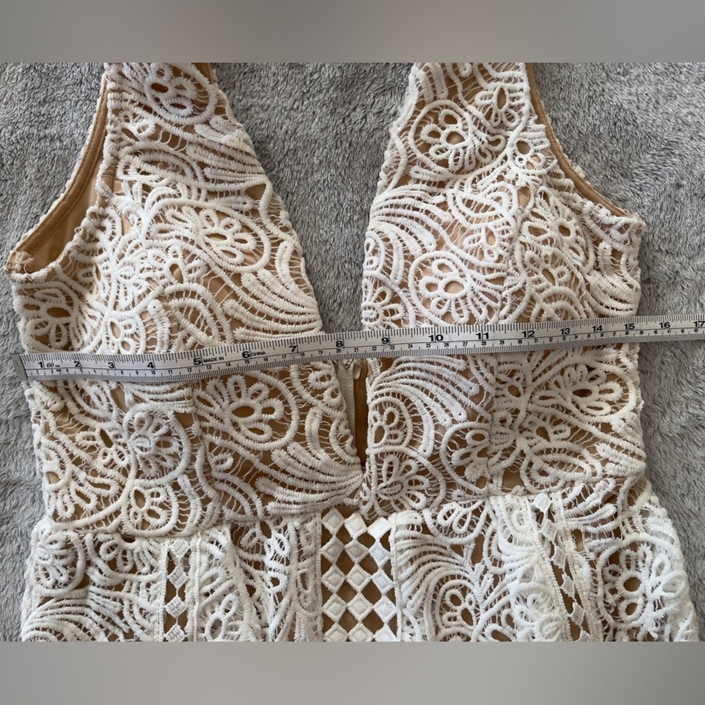 Luxxel Cream/Nude Lace Crochet Low Cut Dress