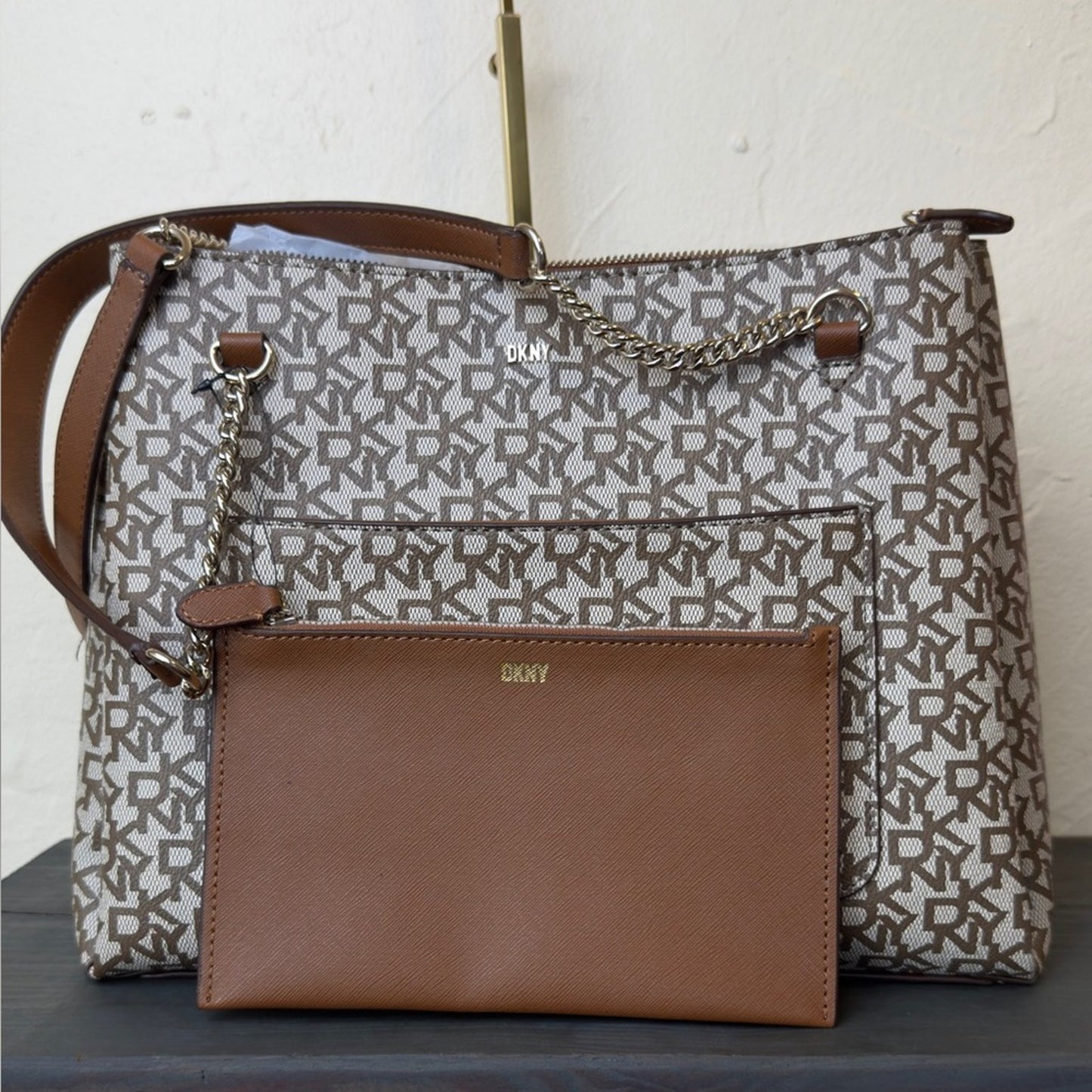 DKNY Bryanna Shoulder Bag - Tan/Cream Monogram Shopper Tote