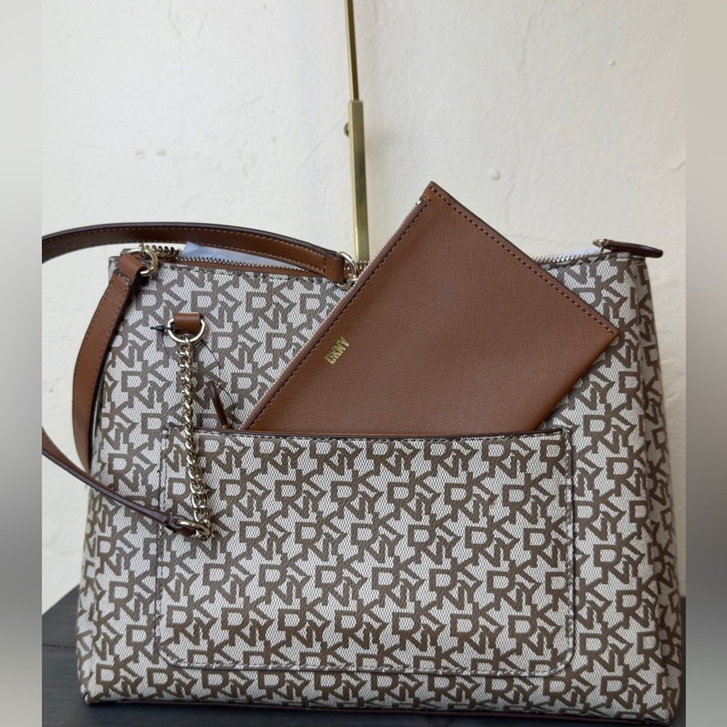 DKNY Bryanna Shoulder Bag - Tan/Cream Monogram Shopper Tote