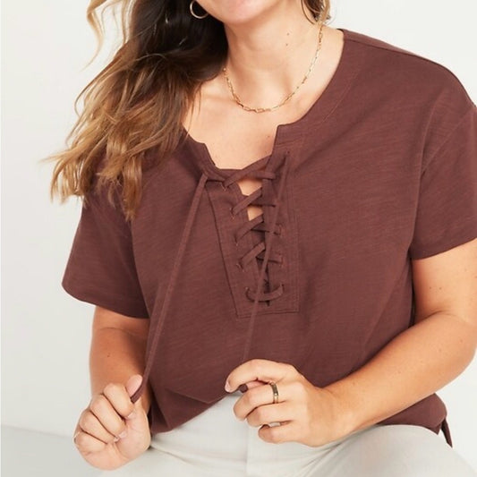 Loose Slub-Knit Lace-Up Top