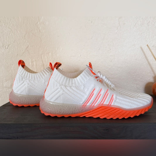 Women Leisure Flying Weave Neon Orange Color Contrast Sneakers