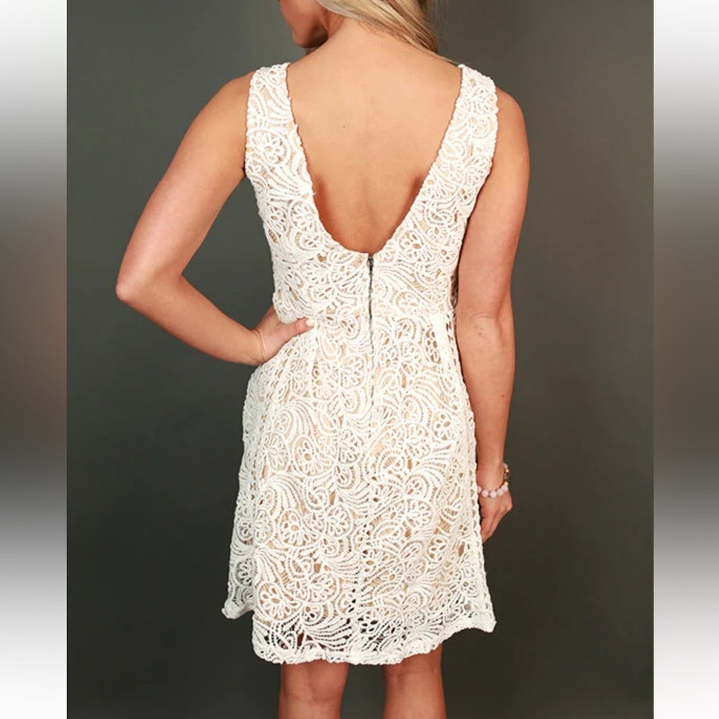 Luxxel Cream/Nude Lace Crochet Low Cut Dress