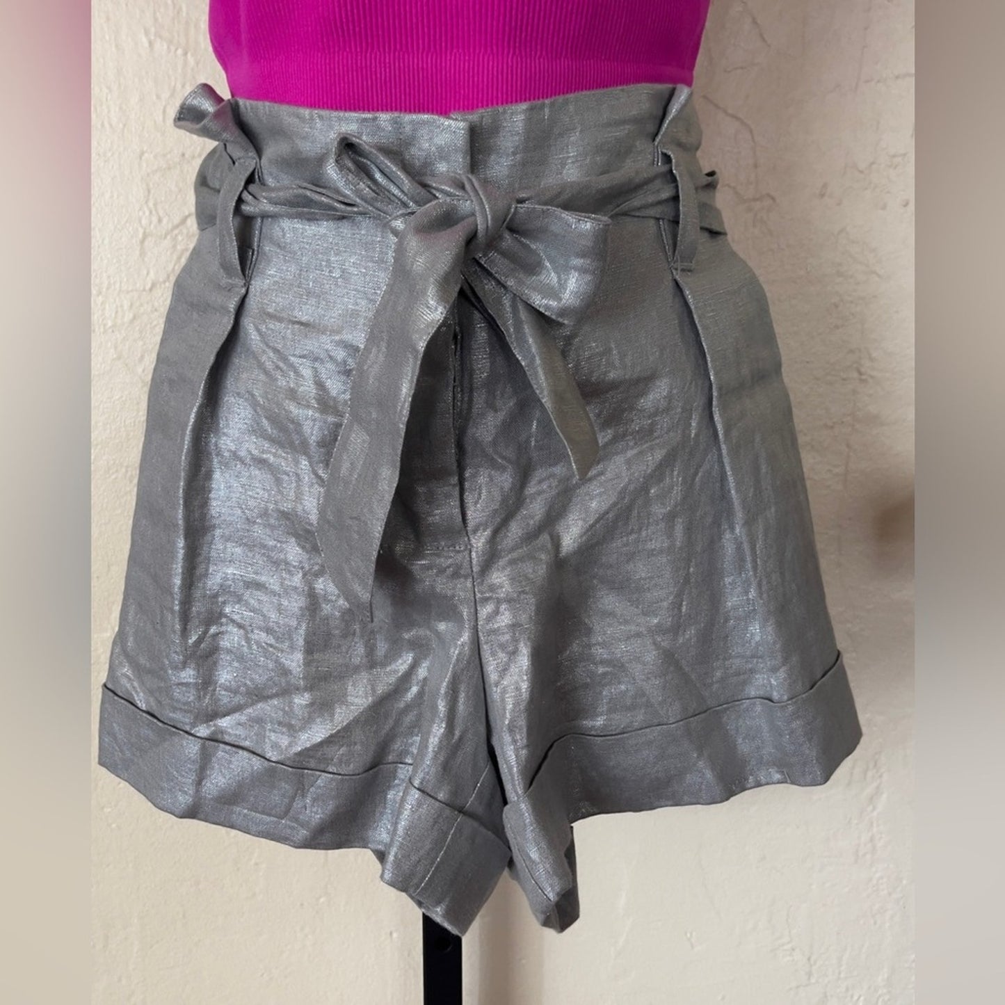 Vince Camuto Metallic Silver Linen Paperbag Shorts