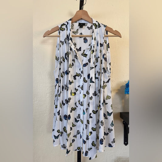 White Sleeveless Button-Down Blouse with Butterfly Print