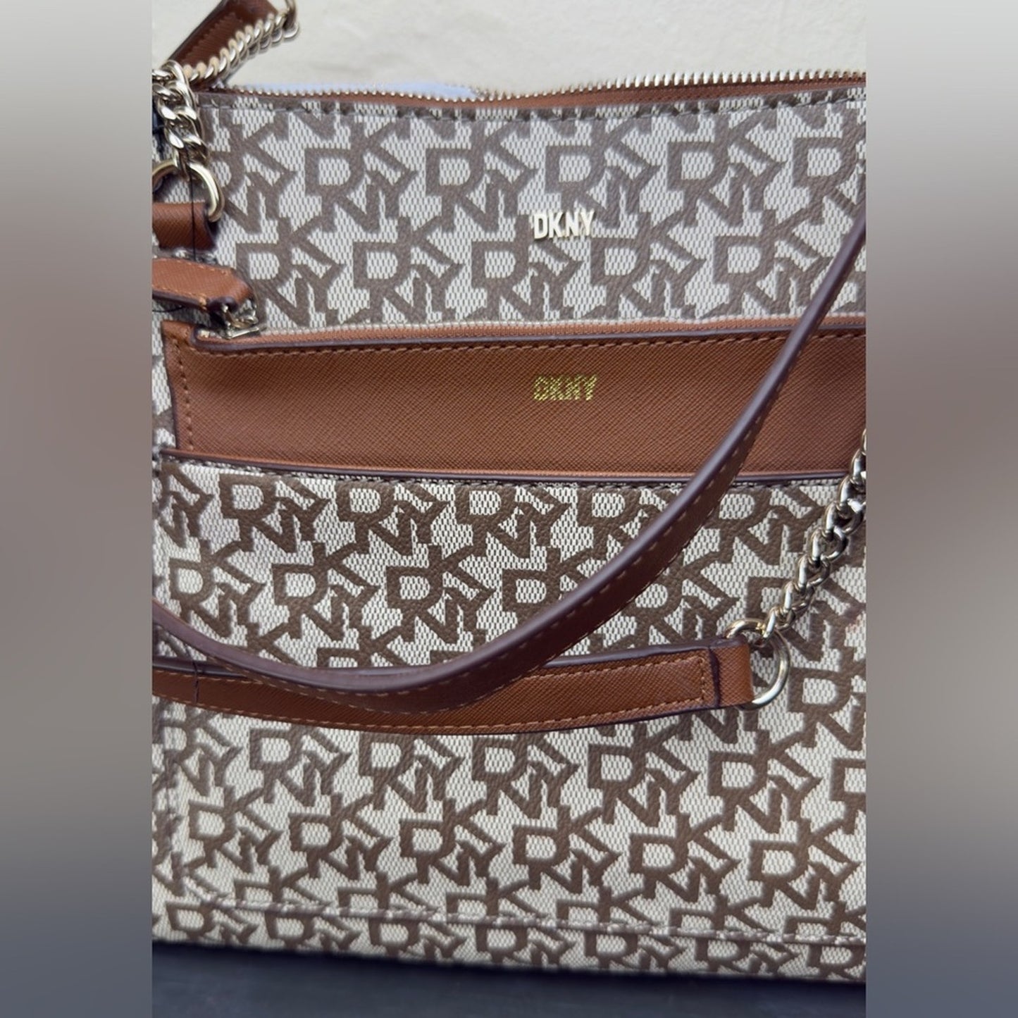DKNY Bryanna Shoulder Bag - Tan/Cream Monogram Shopper Tote