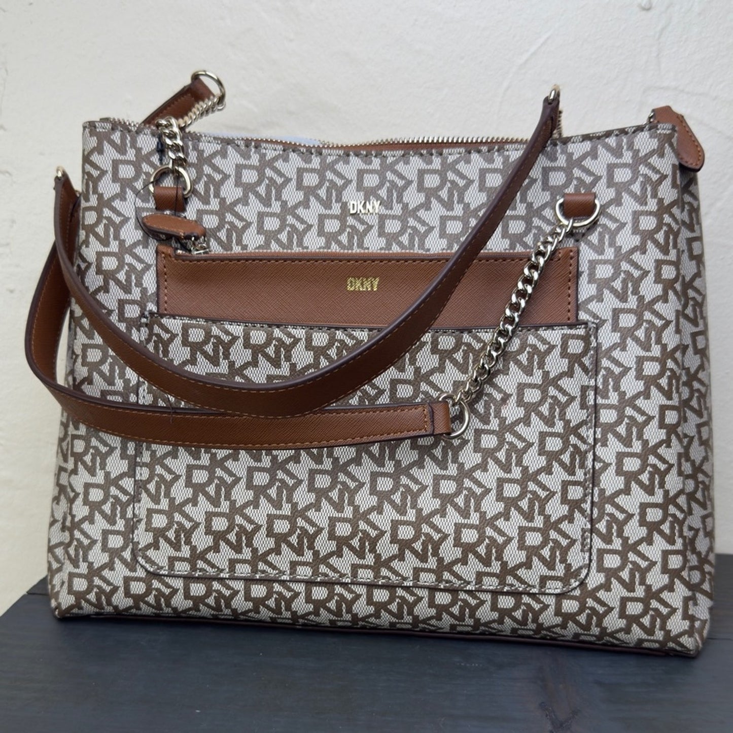 DKNY Bryanna Shoulder Bag - Tan/Cream Monogram Shopper Tote