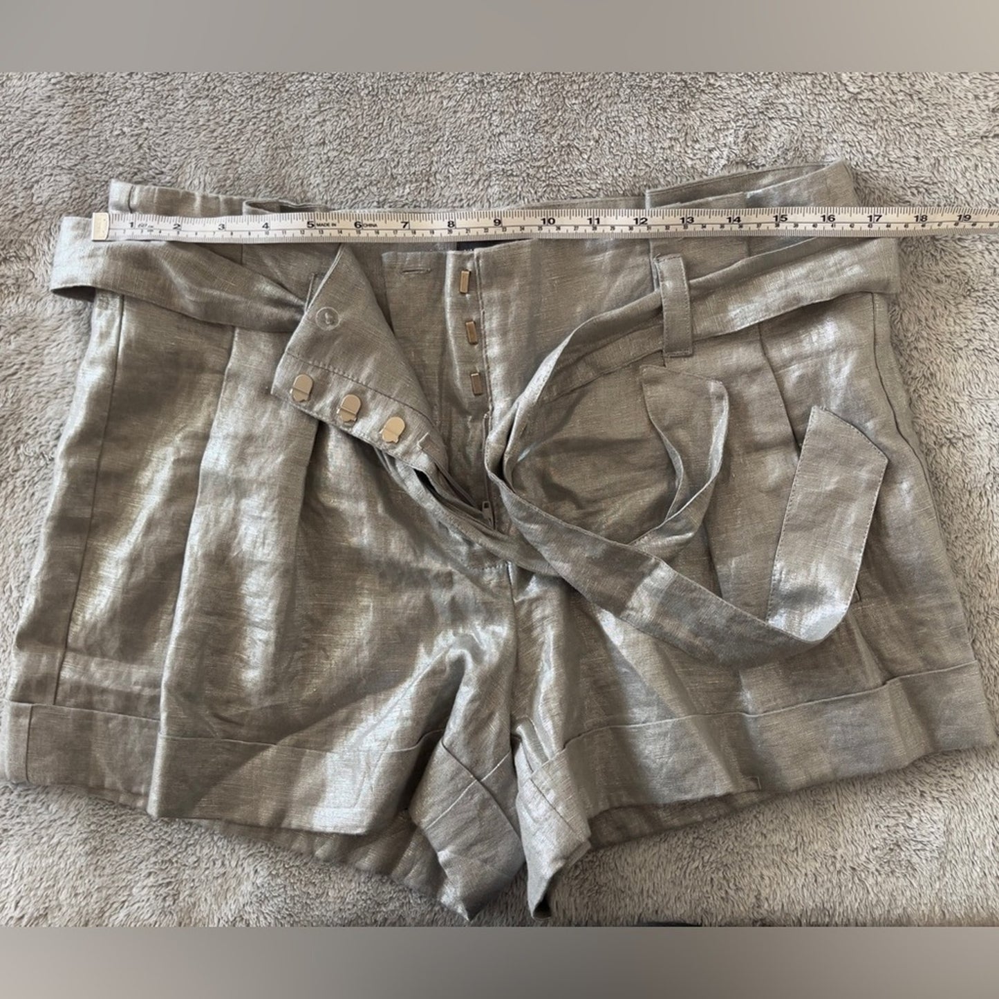 Vince Camuto Metallic Silver Linen Paperbag Shorts