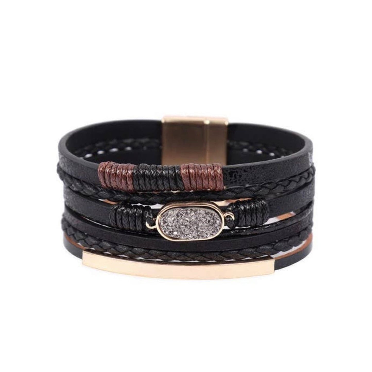 Multilayer Leather With Black Stone Magnetic Lock Bracelet