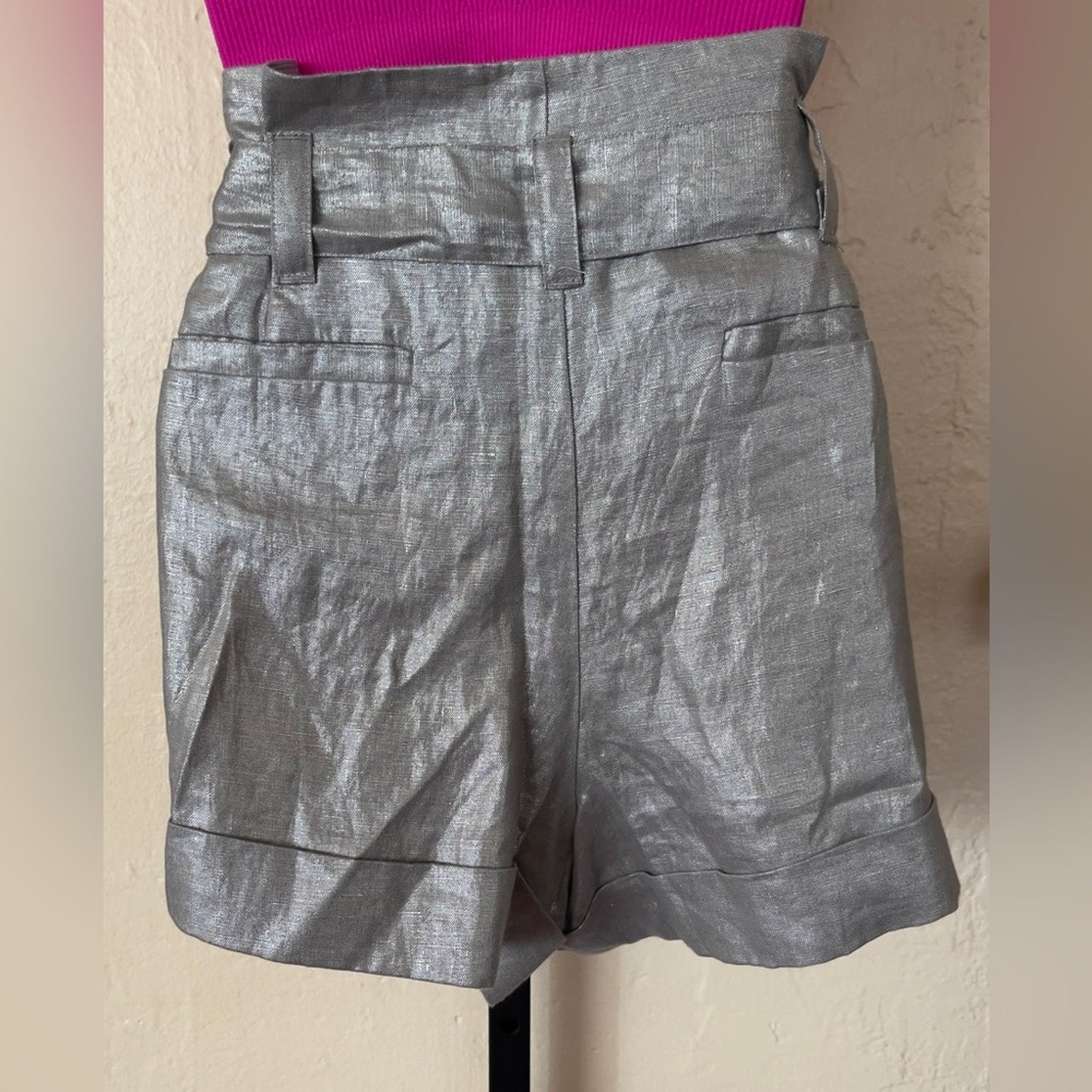 Vince Camuto Metallic Silver Linen Paperbag Shorts