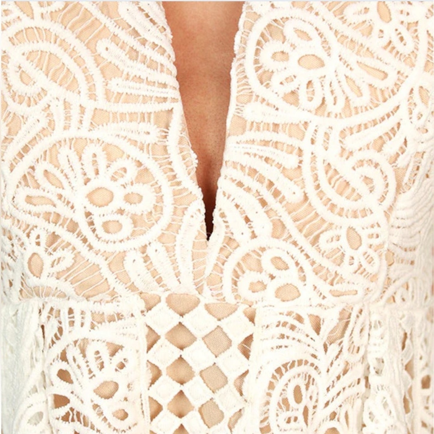 Luxxel Cream/Nude Lace Crochet Low Cut Dress