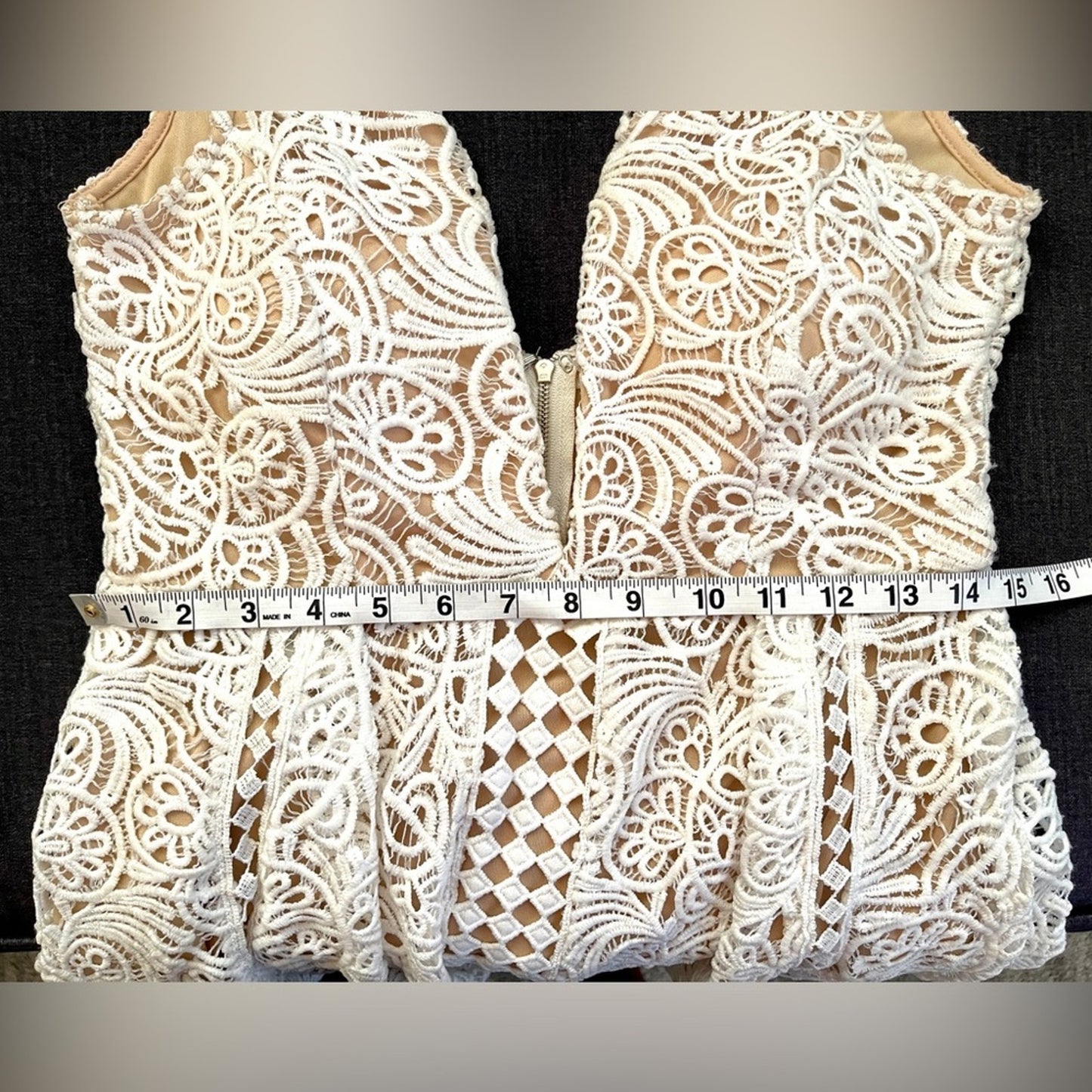 Luxxel Cream/Nude Lace Crochet Low Cut Dress