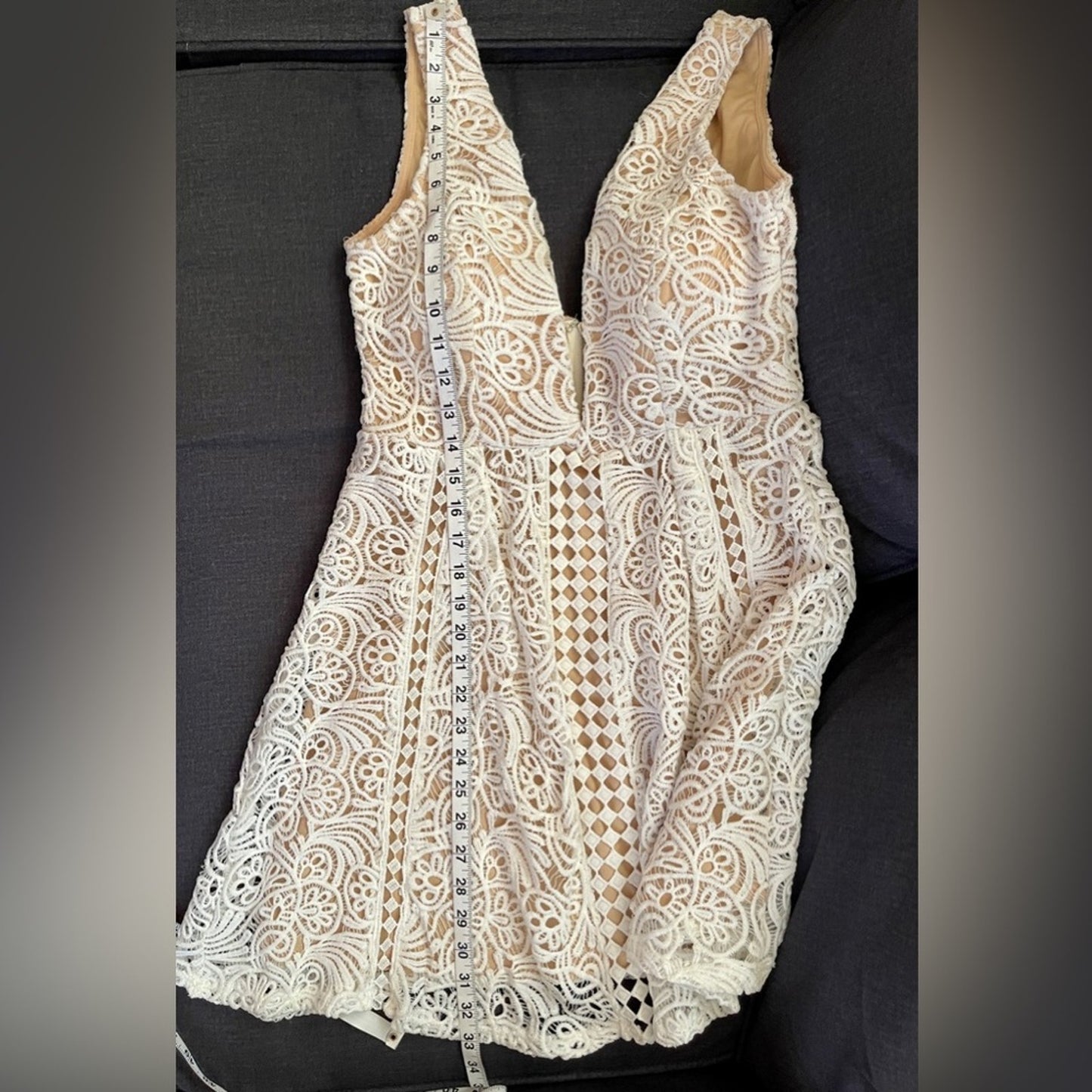 Luxxel Cream/Nude Lace Crochet Low Cut Dress